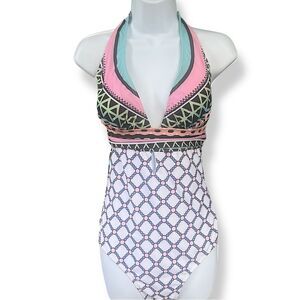 Sea Fever Deep Plunge One Piece Pastel Geo Swimsuit | Women’s M